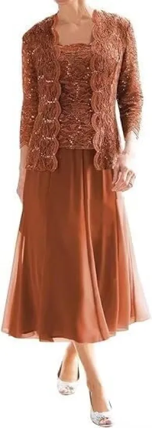2 Piece Mother of The Bride Dresses with Jacket Lace Chiffon Tea Length 3/4 Sleeve Formal Dress for Women Wedding Guest