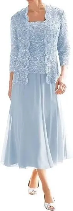 2 Piece Mother of The Bride Dresses with Jacket Lace Chiffon Tea Length 3/4 Sleeve Formal Dress for Women Wedding Guest