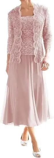 2 Piece Mother of The Bride Dresses with Jacket Lace Chiffon Tea Length 3/4 Sleeve Formal Dress for Women Wedding Guest
