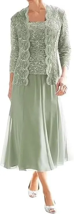 2 Piece Mother of The Bride Dresses with Jacket Lace Chiffon Tea Length 3/4 Sleeve Formal Dress for Women Wedding Guest