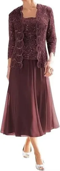 2 Piece Mother of The Bride Dresses with Jacket Lace Chiffon Tea Length 3/4 Sleeve Formal Dress for Women Wedding Guest