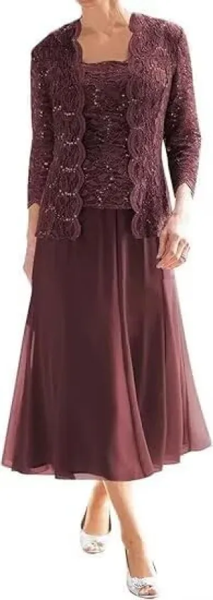 2 Piece Mother of The Bride Dresses with Jacket Lace Chiffon Tea Length 3/4 Sleeve Formal Dress for Women Wedding Guest