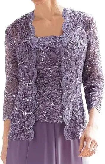 2 Piece Mother of The Bride Dresses with Jacket Lace Chiffon Tea Length 3/4 Sleeve Formal Dress for Women Wedding Guest