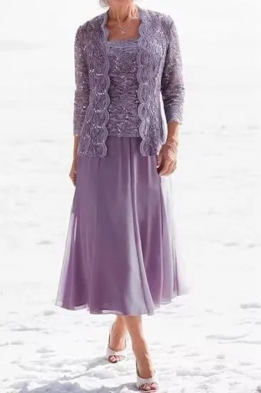 2 Piece Mother of The Bride Dresses with Jacket Lace Chiffon Tea Length 3/4 Sleeve Formal Dress for Women Wedding Guest