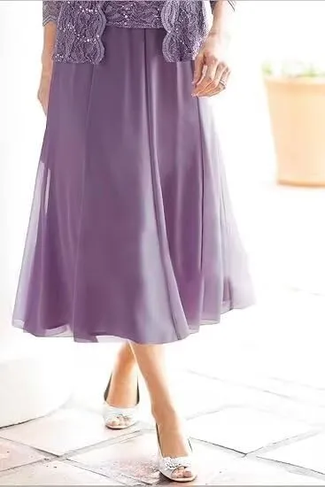 2 Piece Mother of The Bride Dresses with Jacket Lace Chiffon Tea Length 3/4 Sleeve Formal Dress for Women Wedding Guest