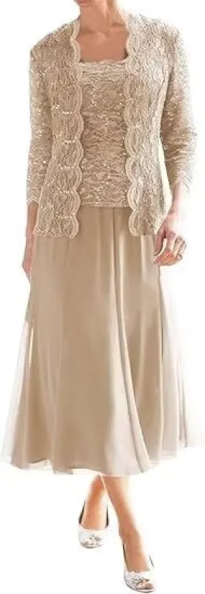 2 Piece Mother of The Bride Dresses with Jacket Lace Chiffon Tea Length 3/4 Sleeve Formal Dress for Women Wedding Guest