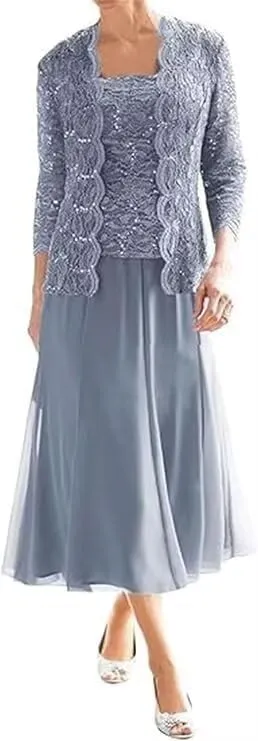 2 Piece Mother of The Bride Dresses with Jacket Lace Chiffon Tea Length 3/4 Sleeve Formal Dress for Women Wedding Guest