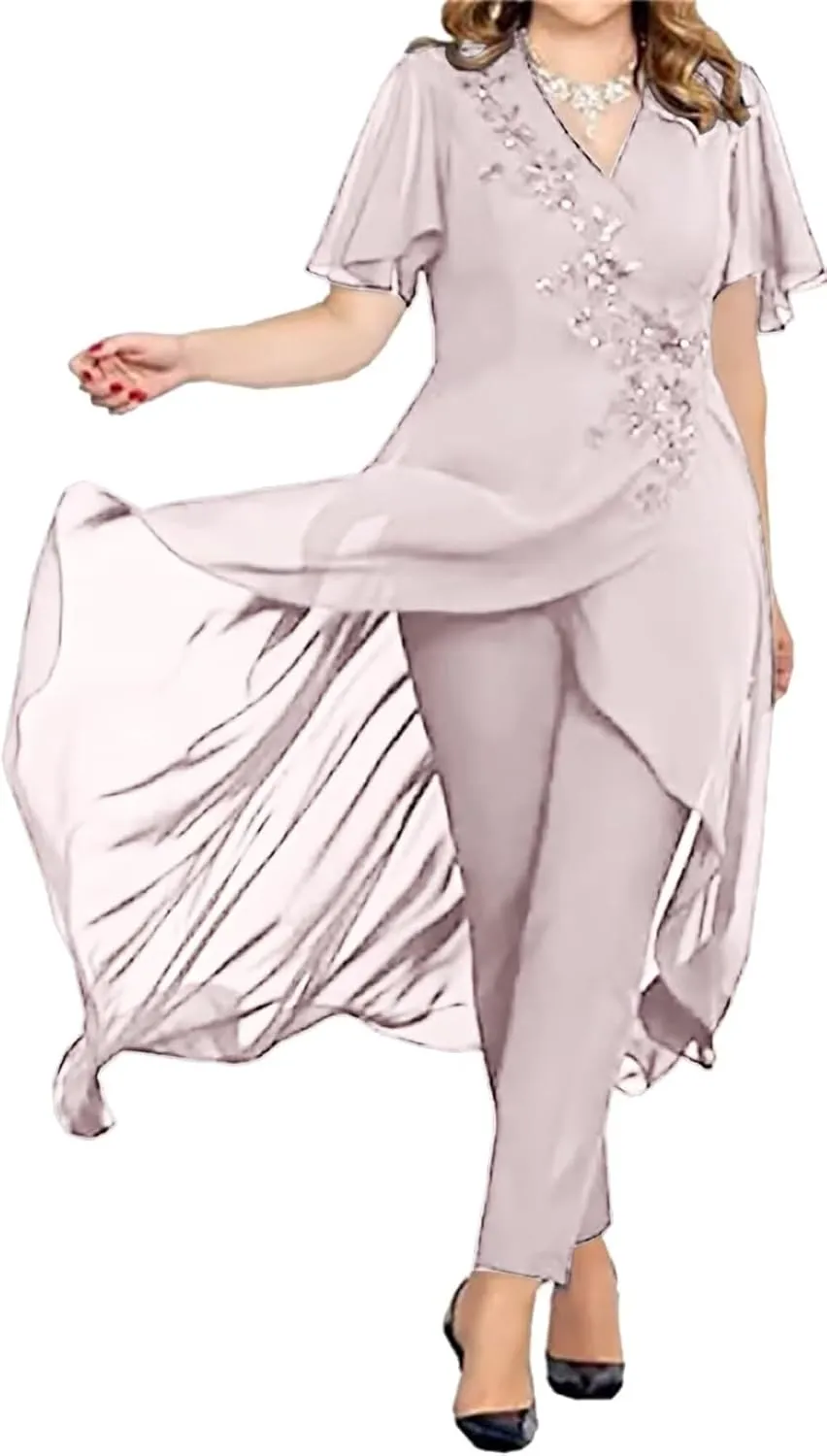 2 Pieces Chiffon Mother of The Bride Pant Suits for Wedding Beaded Formal Evening Dresses with Jacket
