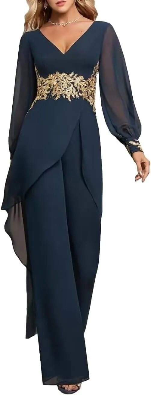2 Pieces Chiffon Mother of The Bride Pant Suits for Wedding Beaded Formal Evening Dresses with Jacket