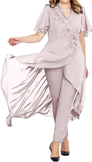 2 Pieces Chiffon Mother of The Bride Pant Suits for Wedding Beaded Formal Evening Dresses with Jacket