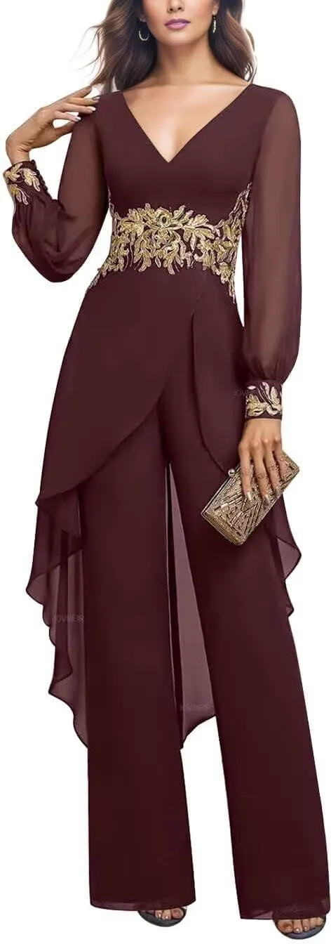 2 Pieces Chiffon Mother of The Bride Pant Suits for Wedding Beaded Formal Evening Dresses with Jacket