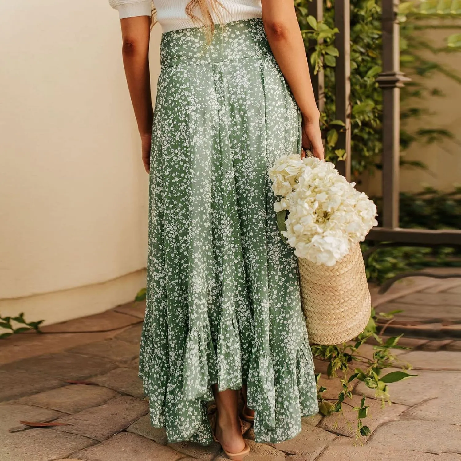 2023 Summer Spring Women's Casual Skirts Women's Ruffle Layered High Waisted Skirts Tie Wrap Midi Skirts Fashion