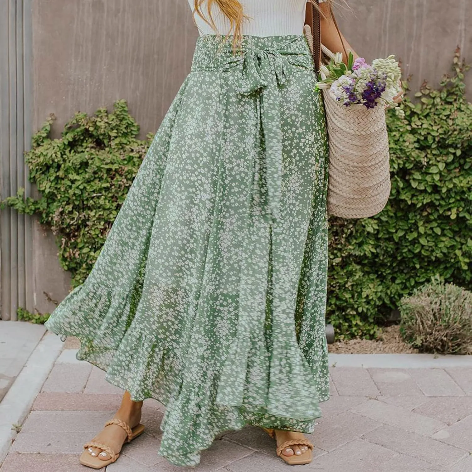 2023 Summer Spring Women's Casual Skirts Women's Ruffle Layered High Waisted Skirts Tie Wrap Midi Skirts Fashion