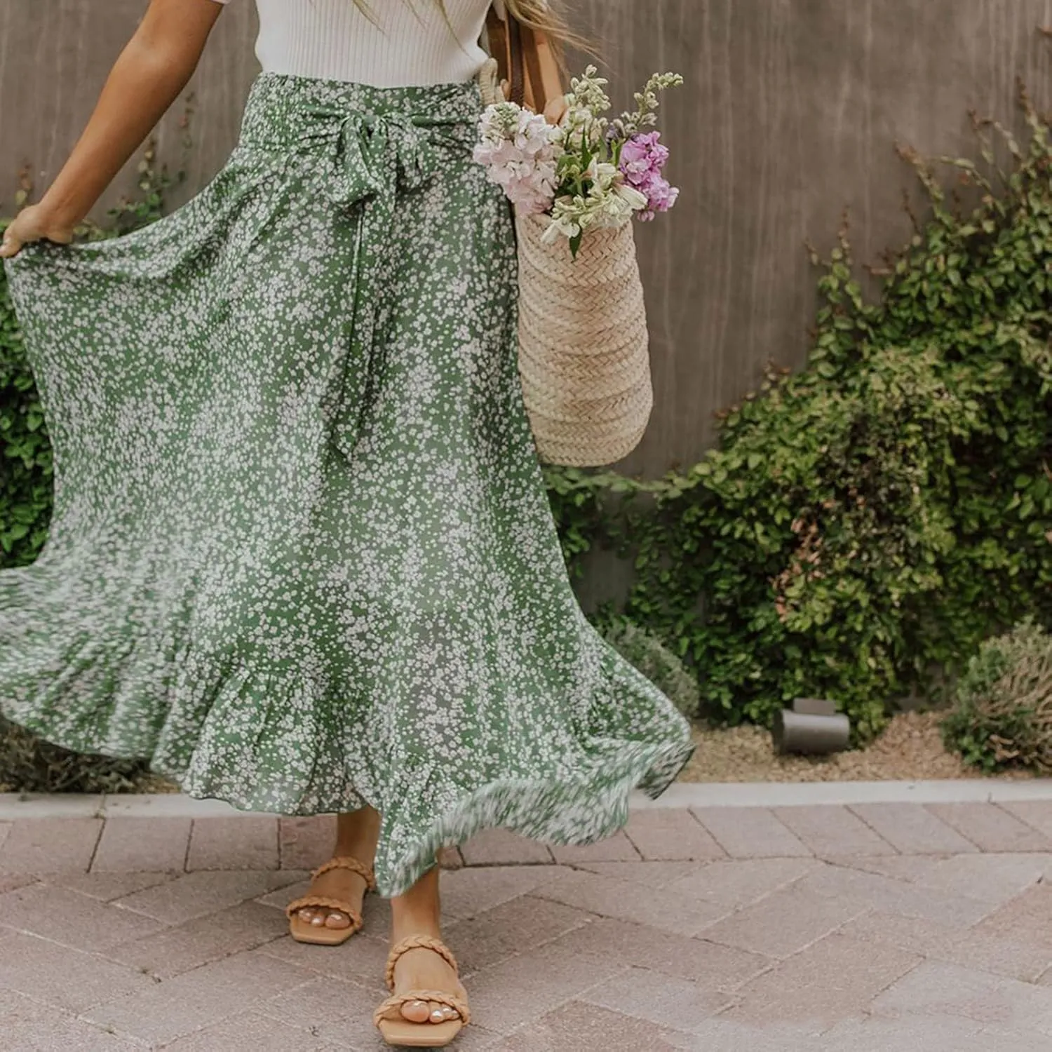 2023 Summer Spring Women's Casual Skirts Women's Ruffle Layered High Waisted Skirts Tie Wrap Midi Skirts Fashion