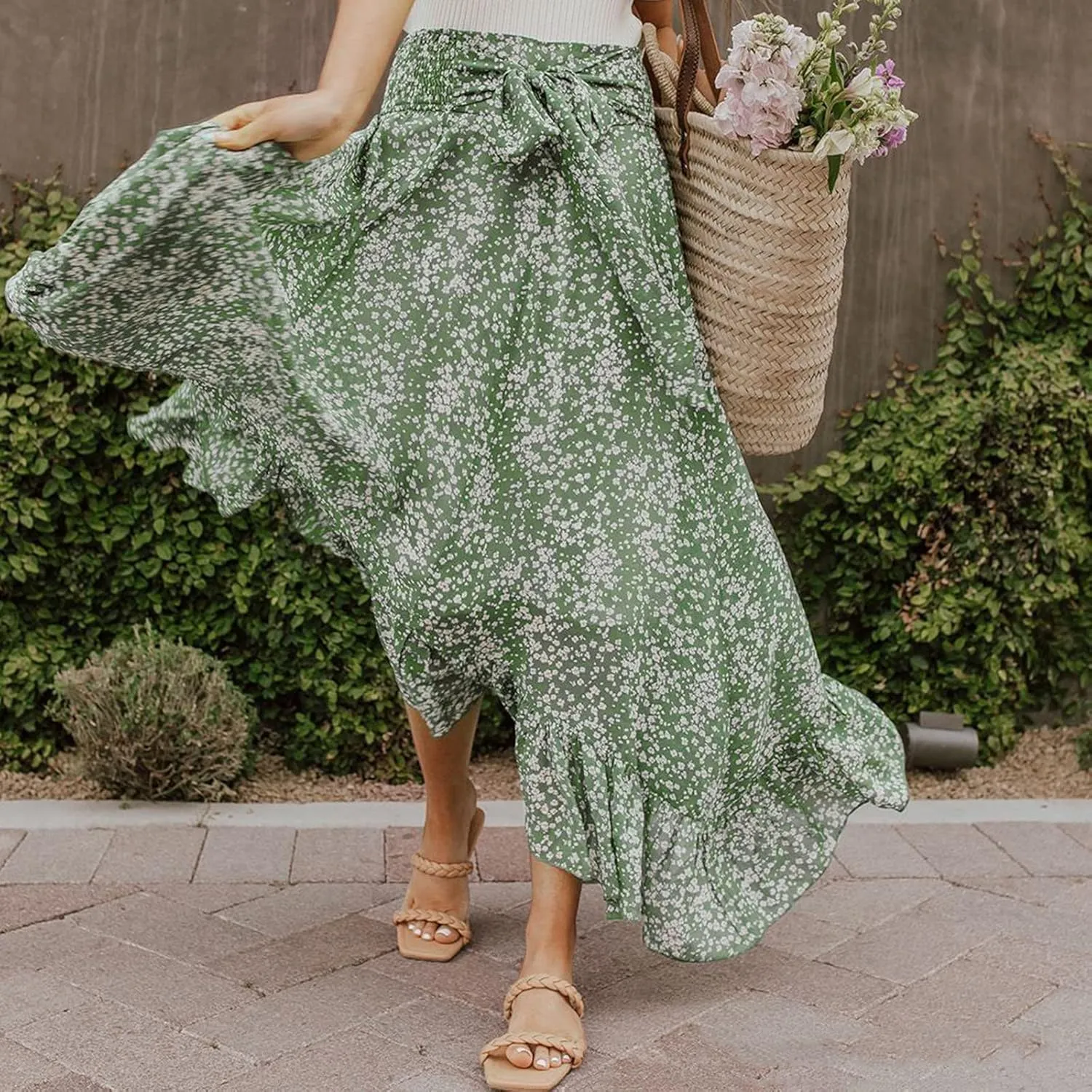 2023 Summer Spring Women's Casual Skirts Women's Ruffle Layered High Waisted Skirts Tie Wrap Midi Skirts Fashion