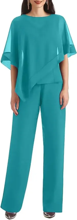 3 PCS Mother of The Bride Pant Suits 3 Pieces Chiffon Pant Suits for Women Dressy Wedding Guest