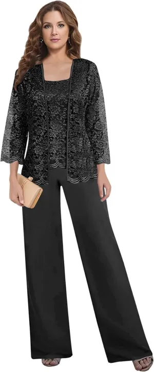 3 Pieces Mother of The Bride Pant Suits for Wedding Lace Chiffon Mother of The Groom Pantsuits with Jacket