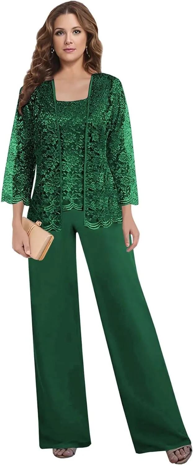3 Pieces Mother of The Bride Pant Suits for Wedding Lace Chiffon Mother of The Groom Pantsuits with Jacket