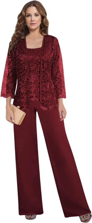 3 Pieces Mother of The Bride Pant Suits for Wedding Lace Chiffon Mother of The Groom Pantsuits with Jacket