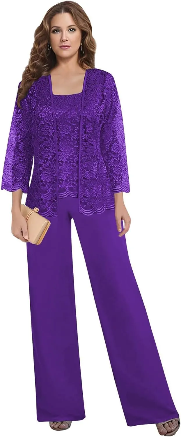 3 Pieces Mother of The Bride Pant Suits for Wedding Lace Chiffon Mother of The Groom Pantsuits with Jacket