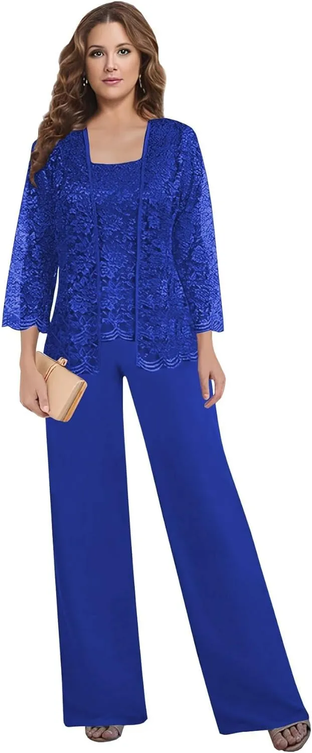 3 Pieces Mother of The Bride Pant Suits for Wedding Lace Chiffon Mother of The Groom Pantsuits with Jacket