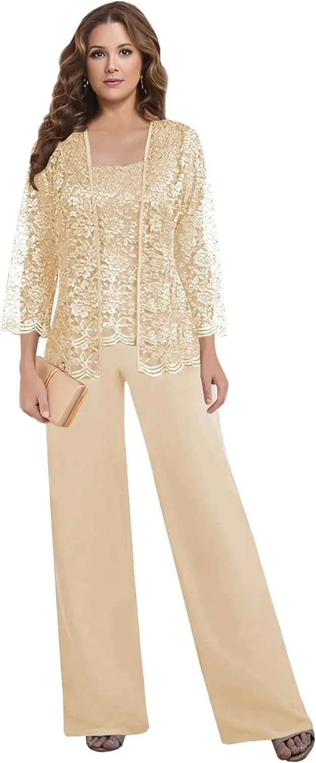 3 Pieces Mother of The Bride Pant Suits for Wedding Lace Chiffon Mother of The Groom Pantsuits with Jacket