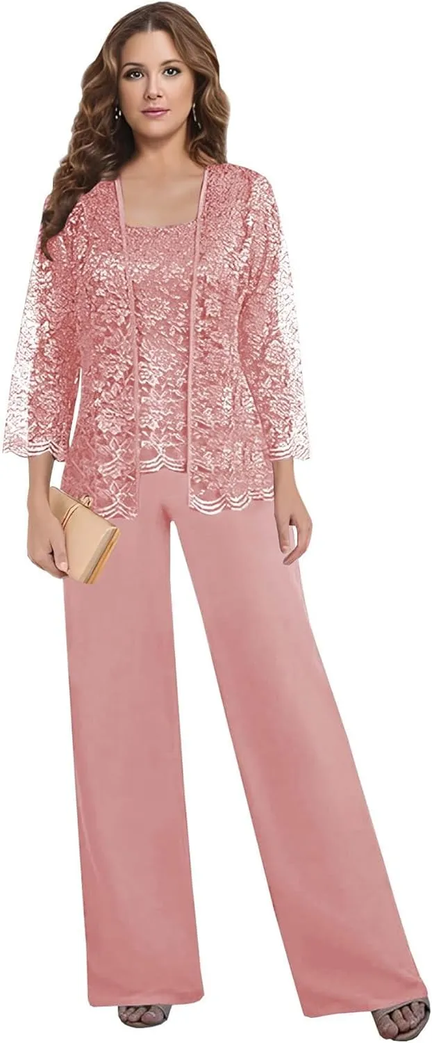 3 Pieces Mother of The Bride Pant Suits for Wedding Lace Chiffon Mother of The Groom Pantsuits with Jacket