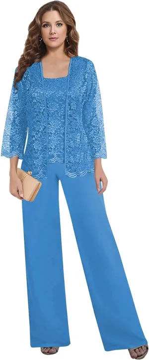 3 Pieces Mother of The Bride Pant Suits for Wedding Lace Chiffon Mother of The Groom Pantsuits with Jacket
