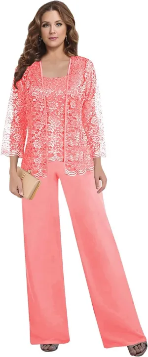 3 Pieces Mother of The Bride Pant Suits for Wedding Lace Chiffon Mother of The Groom Pantsuits with Jacket