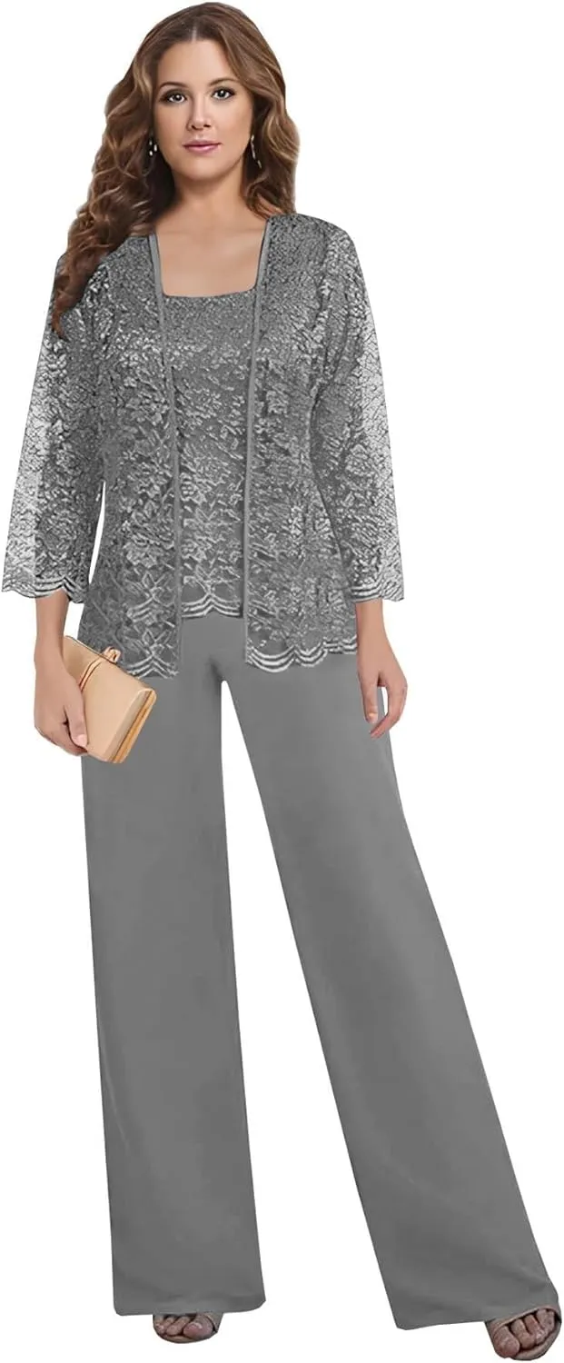 3 Pieces Mother of The Bride Pant Suits for Wedding Lace Chiffon Mother of The Groom Pantsuits with Jacket