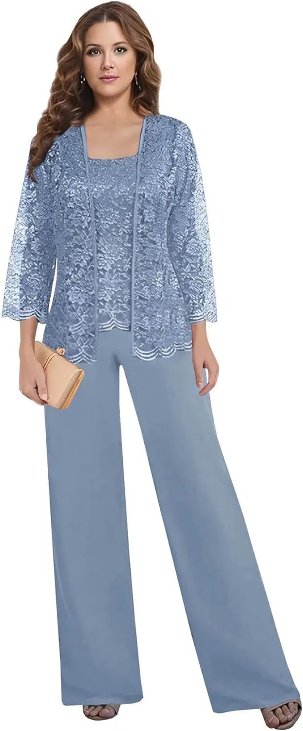3 Pieces Mother of The Bride Pant Suits for Wedding Lace Chiffon Mother of The Groom Pantsuits with Jacket