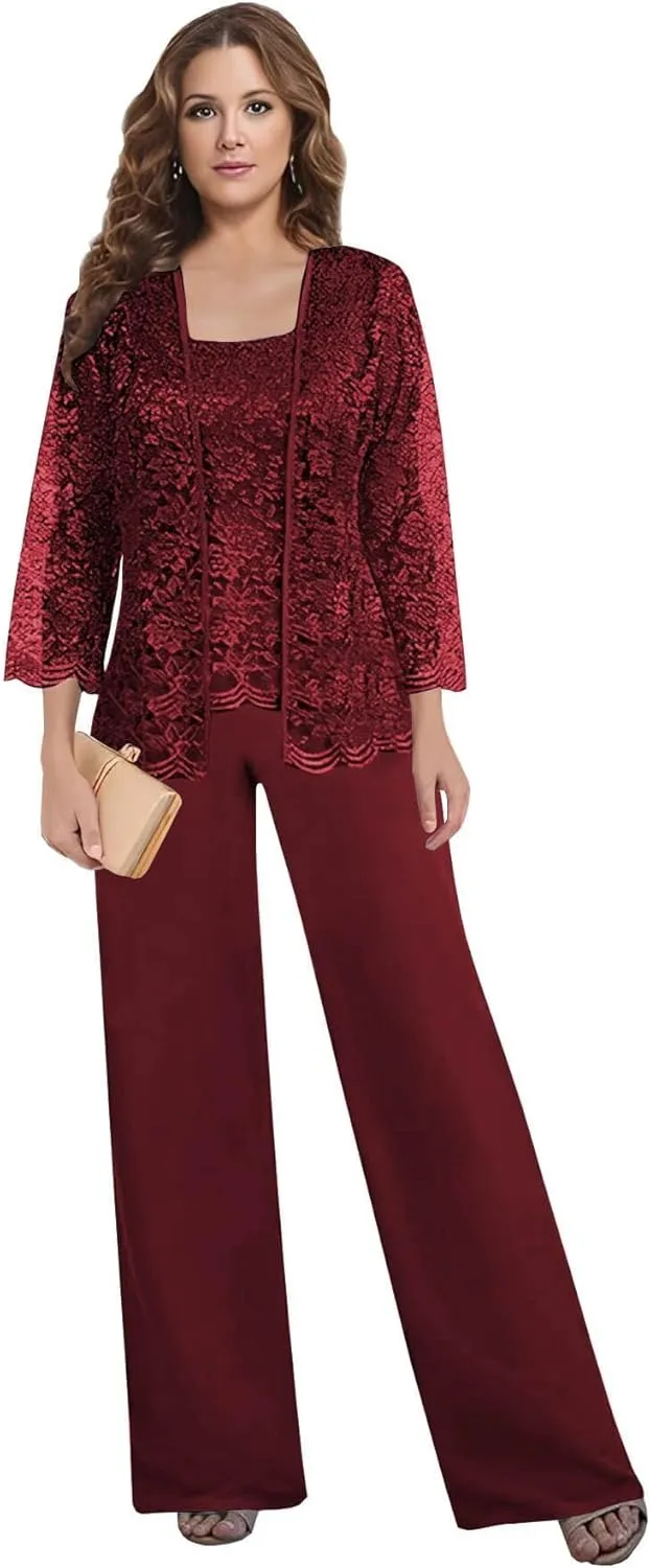 3 Pieces Mother of The Bride Pant Suits for Wedding Lace Chiffon Mother of The Groom Pantsuits with Jacket