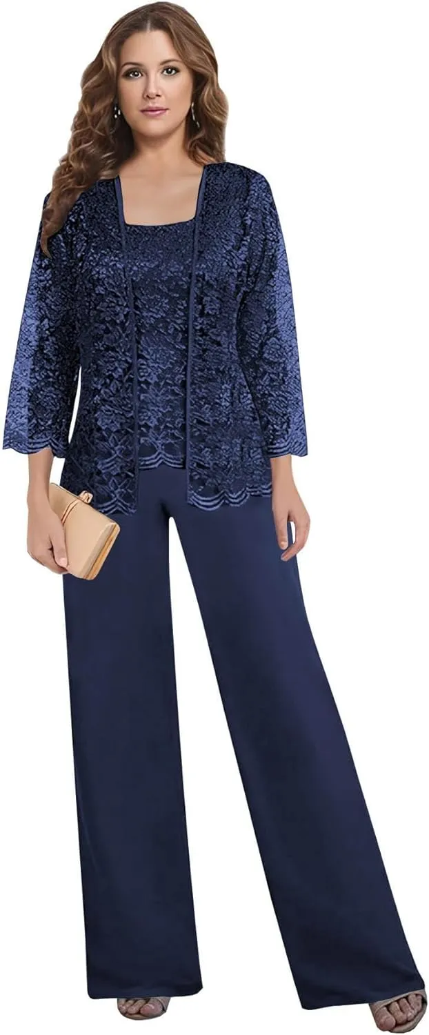 3 Pieces Mother of The Bride Pant Suits for Wedding Lace Chiffon Mother of The Groom Pantsuits with Jacket