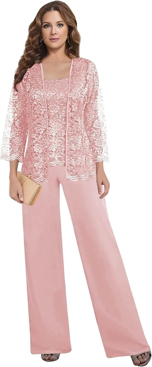 3 Pieces Mother of The Bride Pant Suits for Wedding Lace Chiffon Mother of The Groom Pantsuits with Jacket