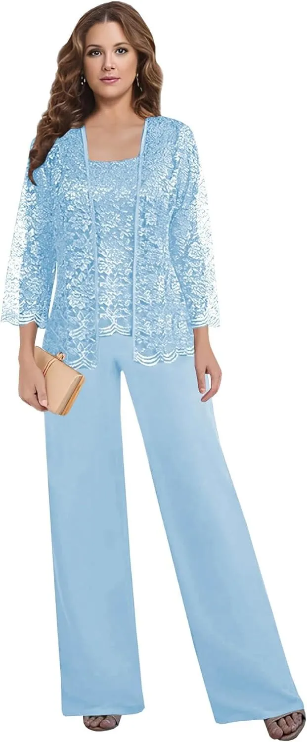 3 Pieces Mother of The Bride Pant Suits for Wedding Lace Chiffon Mother of The Groom Pantsuits with Jacket