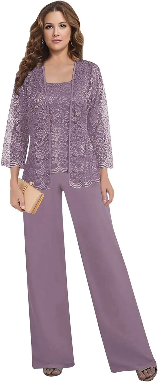 3 Pieces Mother of The Bride Pant Suits for Wedding Lace Chiffon Mother of The Groom Pantsuits with Jacket