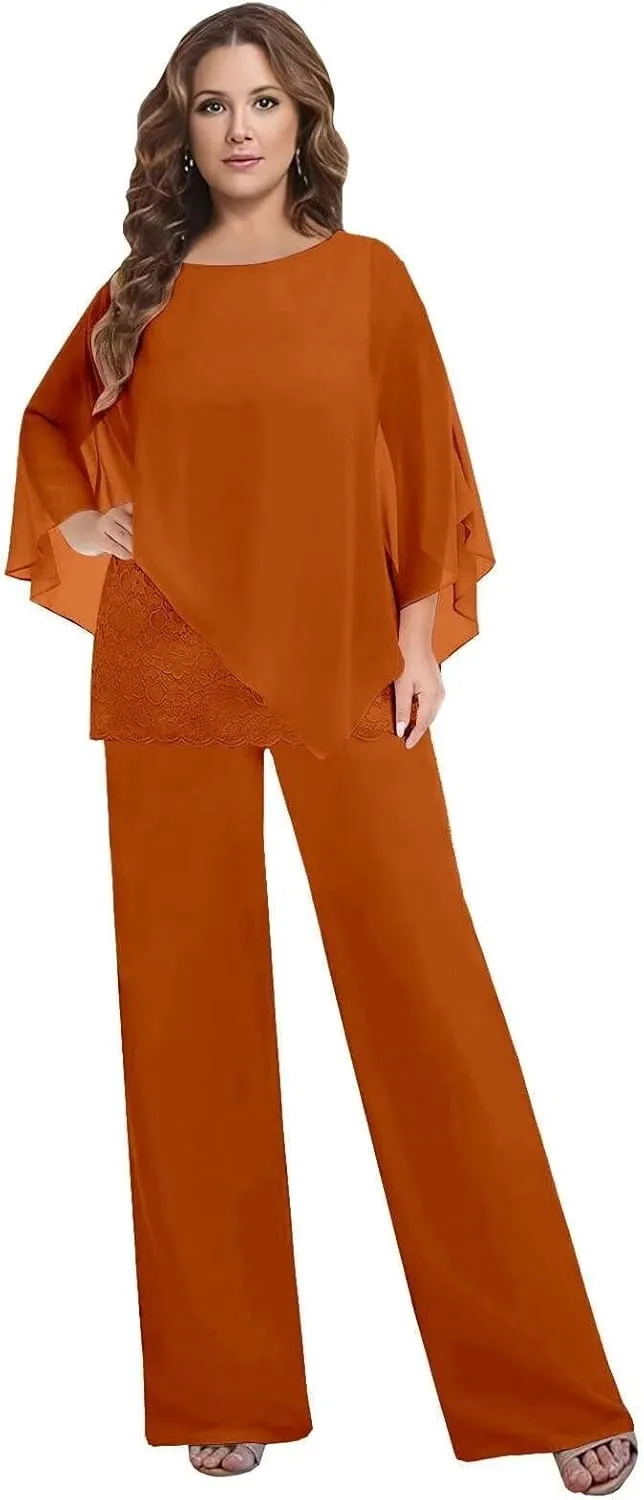 3 Pieces Mother of The Bride Pant Suits for Women Dressy Chiffon Lace Womens Formal Outfit
