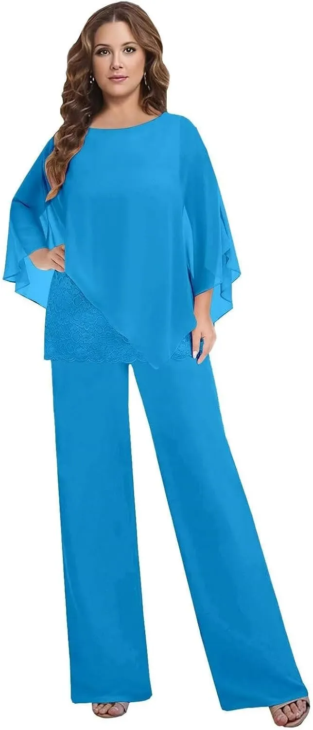 3 Pieces Mother of The Bride Pant Suits for Women Dressy Chiffon Lace Womens Formal Outfit