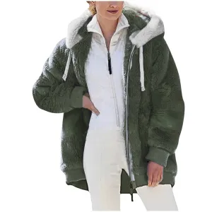 50% Off Clear!Winter Long Coats for Women, Women Plus Size Winter Warm Loose Plush Zip Hooded Jacket Coat Gifts Christmas Gift