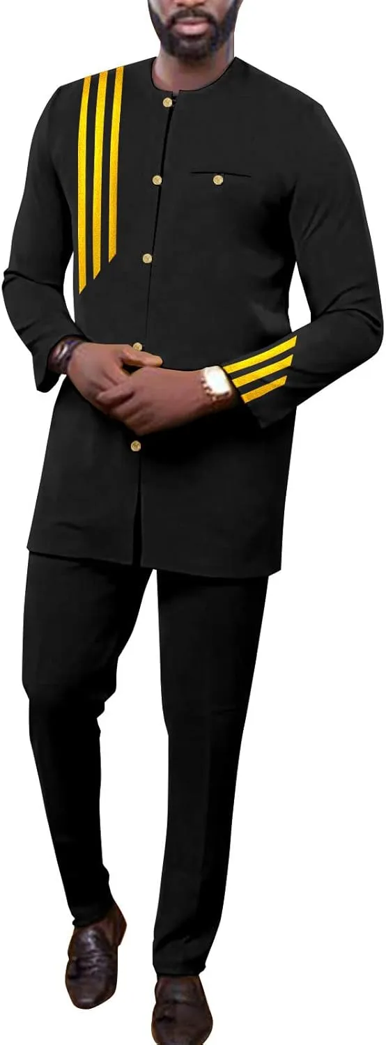 African Suits for Men Single Breasted Embroidery Jacket and Pants 2 Pieces Set Formal Outfits