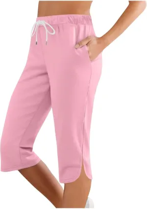 Akklian Summer Leggings with Pockets for Women Straight Wide Leg Cropped Trousers Drawstring Elastic Waist Side Slit Trousers