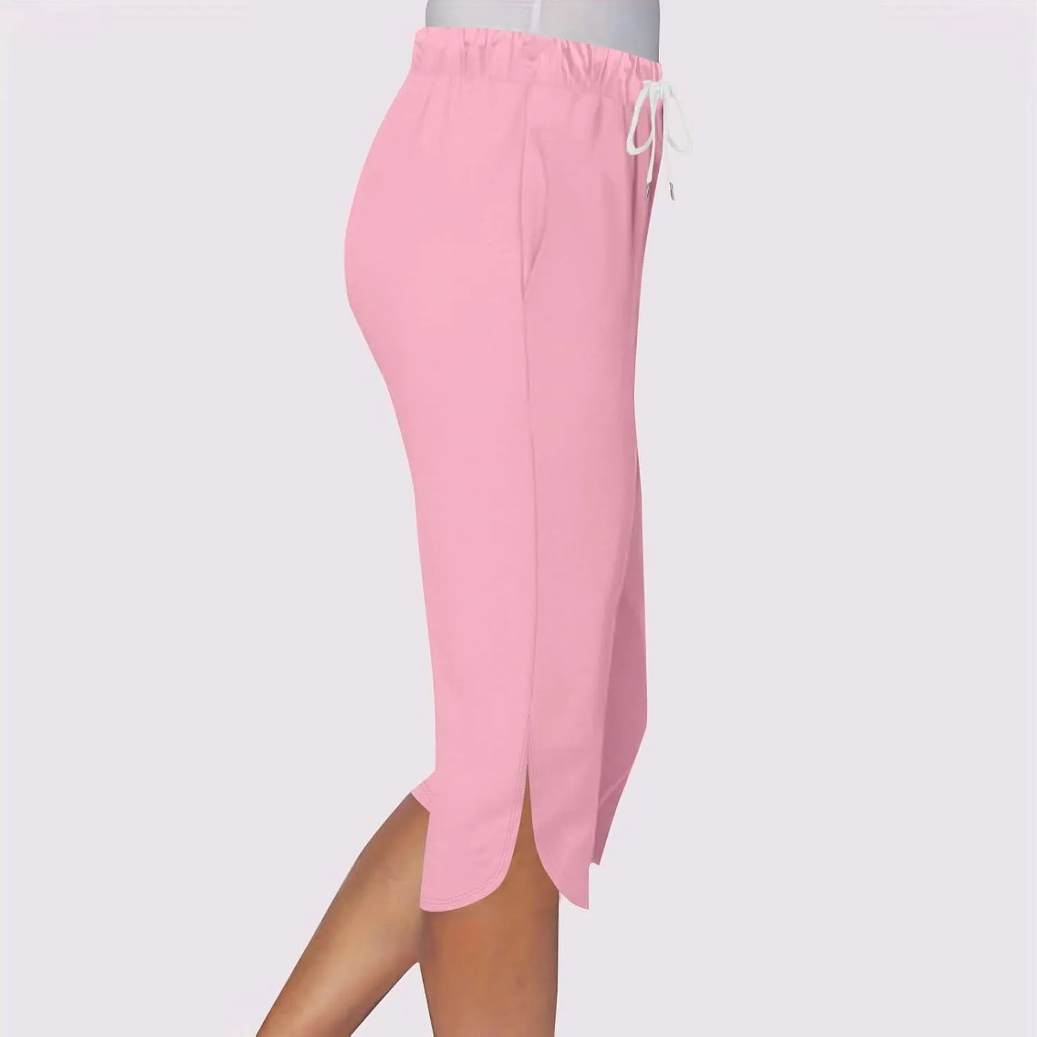 Akklian Summer Leggings with Pockets for Women Straight Wide Leg Cropped Trousers Drawstring Elastic Waist Side Slit Trousers