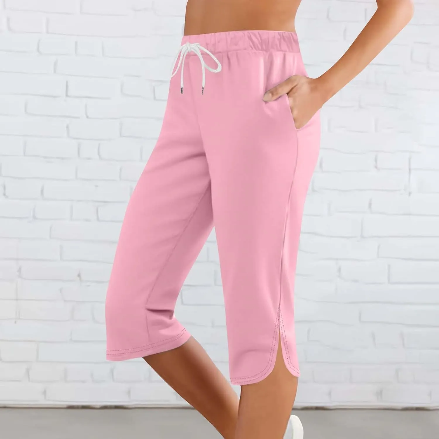 Akklian Summer Leggings with Pockets for Women Straight Wide Leg Cropped Trousers Drawstring Elastic Waist Side Slit Trousers