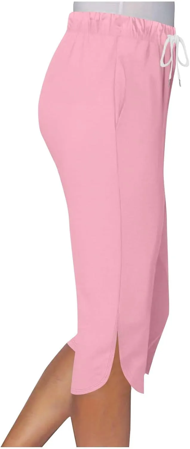 Akklian Summer Leggings with Pockets for Women Straight Wide Leg Cropped Trousers Drawstring Elastic Waist Side Slit Trousers