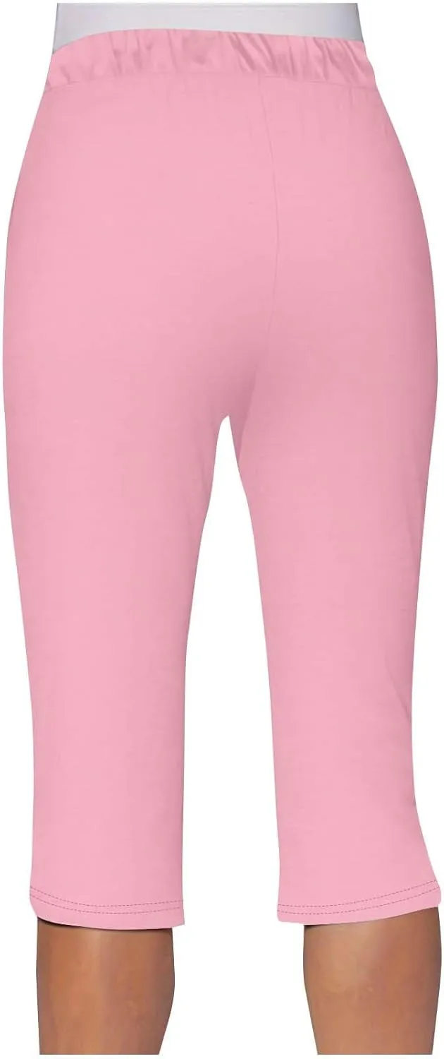 Akklian Summer Leggings with Pockets for Women Straight Wide Leg Cropped Trousers Drawstring Elastic Waist Side Slit Trousers