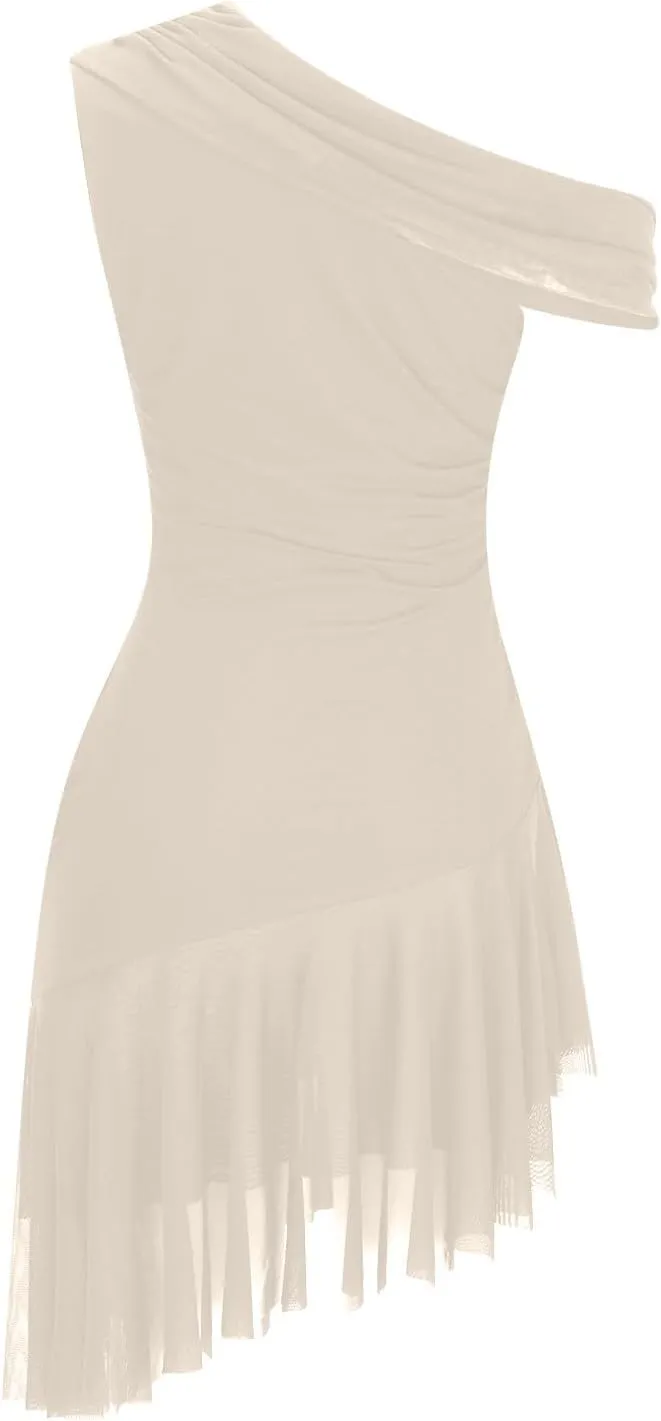 Akklian Women Chiffon Mesh Backless Sexy Mini Dress Asymmetrical One Shoulder Sleeveless Ruffle Hem Party Club Drape Dress