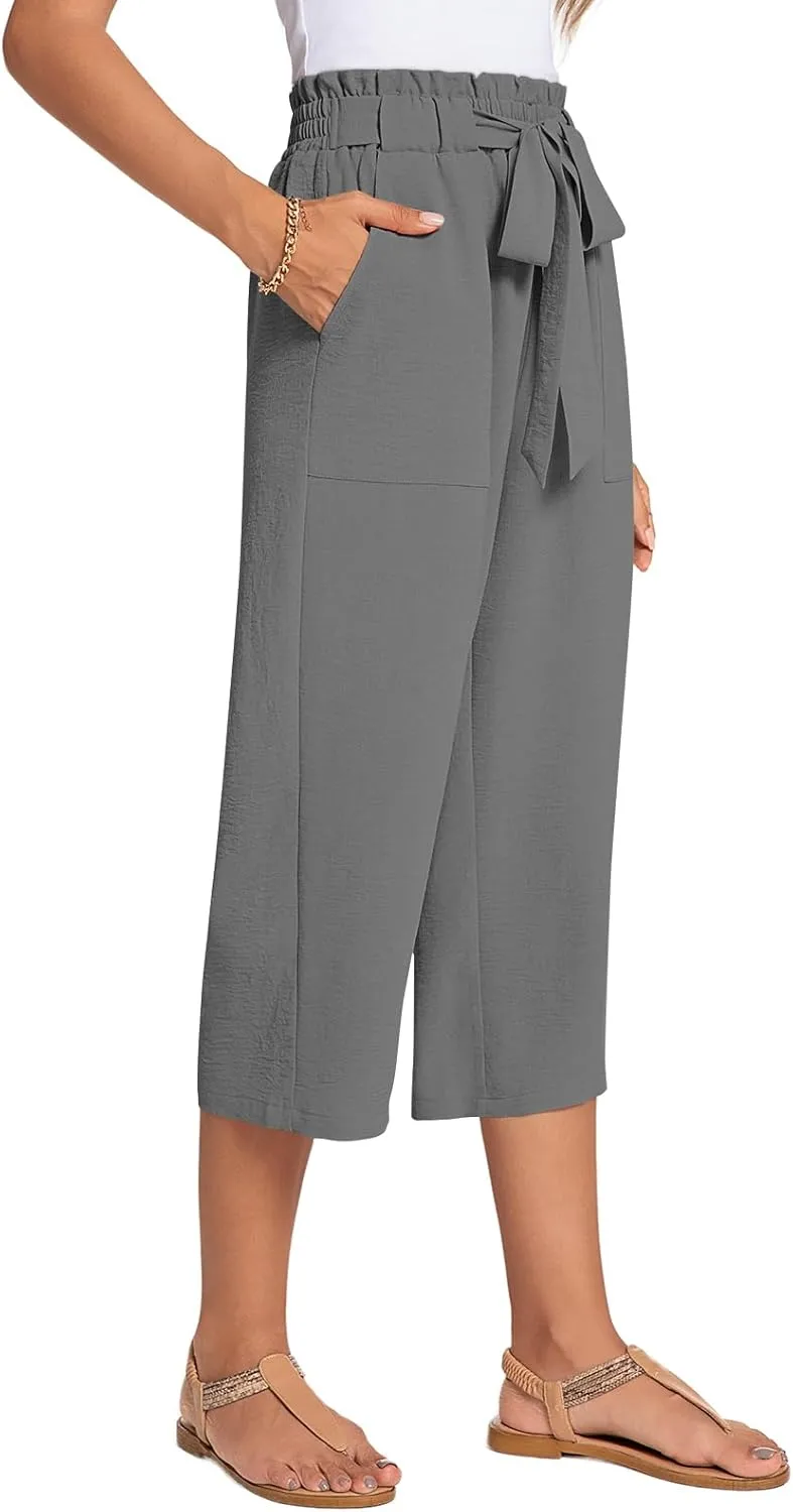 ALIGADUO Womens Capri Pants Casual Wide Leg Pants Loose High Waist Lounge Pants with Pockets