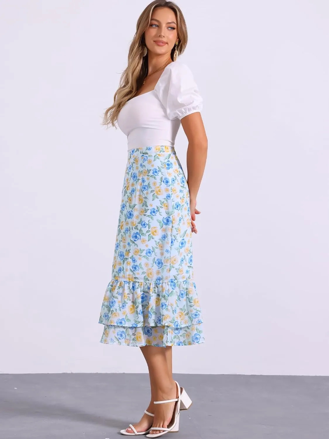 Allegra K Women's Printed Skirt 2025 Trendy Spring Summer Chiffon Elastic Ruffle Tiered Flowy Midi Skirts