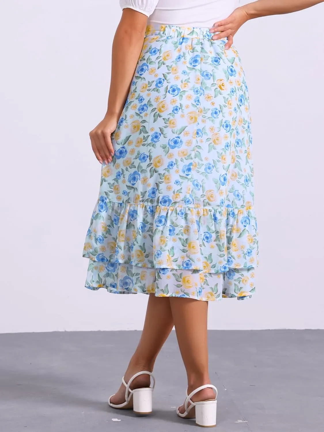 Allegra K Women's Printed Skirt 2025 Trendy Spring Summer Chiffon Elastic Ruffle Tiered Flowy Midi Skirts