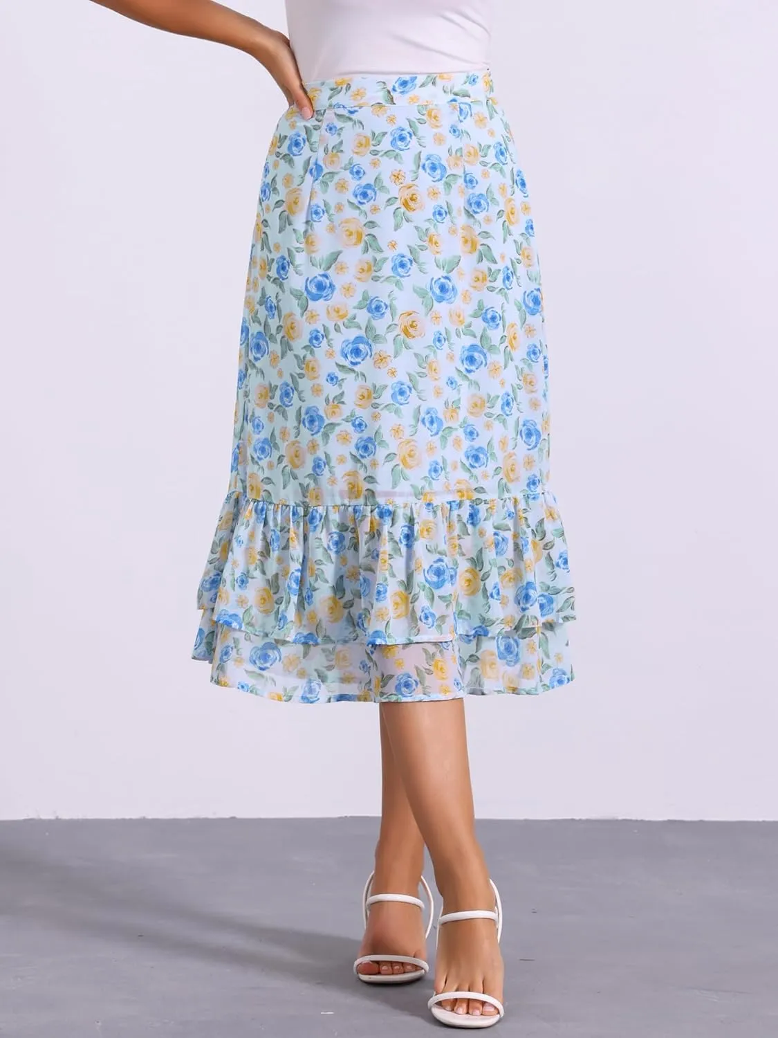 Allegra K Women's Printed Skirt 2025 Trendy Spring Summer Chiffon Elastic Ruffle Tiered Flowy Midi Skirts